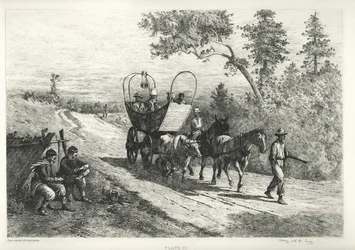 Afdruk van een koets getrokken door een os, muilezel en paard